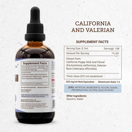 California and Valerian Tincture Alcohol-Free Extract, Organic California Poppy Eschscholzia Californica, Valerian Valeriana Officinalis Relaxation 4 OZ