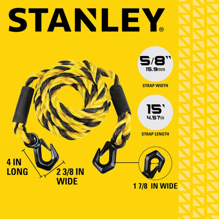 Cuerda de remolque trenzada de polimezcla Stanley S1052 negra/amarilla de 5/8" x 15' con gancho triple resistente (7200 lb de resistencia a la rotura)
