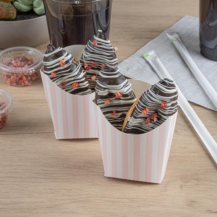 Bio Tek 3.9 x 2.6 x 3.5 Inch French Fry Cup, 100 Disposable Snack Cups - Stackable, Sustainable, Pink and White Paper 2 Ounce Fry Holder, for Fries, Onion Rings, Popcorn, or Cookies - Restaurantware
