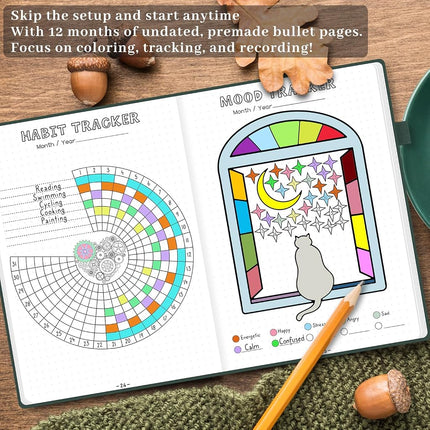 ONGROX Premade Bullet Style Notebook with Hand-Drawn Pages, Dotted Journal with Unique Pre-Made Bullet Templates, Undated Planner with Weekly Spreads & Monthly Themes, 12 Months, A5 Linen Hardcover