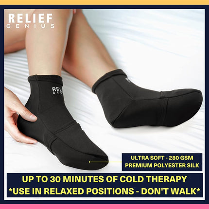 Chaussettes de cryothérapie Relief Genius avec packs de gel glacé réutilisables – Soulagement des entorses, douleurs musculaires, contusions, gonflements, œdèmes, chimiothérapie, arthrite, pieds post-partum (Noir, Large)