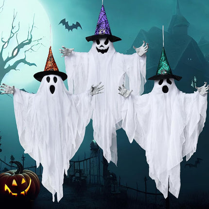 JOYIN 3 Pack 24.8" Hanging Ghost Decorations, Halloween White Ghost with Hats for Haunted House Graveyard Scene, Spooky Indoor and Outdoor Decor