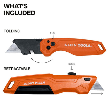 Klein Tools 44312 2-Piece Folding Utility Knife and Slide-Out Knife Set, FLICKBLADE, Retractable with On-Tool Blade Storage, Includes 5 Blades