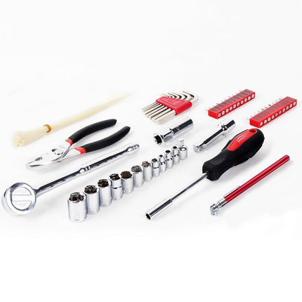 Apollo Tools Jeu d'outils de voiture compact SAE 56 pièces dans une trousse zippée, petit jeu d'outils de mécanicien pour les urgences automobiles, la réparation de motos sur la route, idéal pour les besoins d'outils de voyage - Rouge - DT9774