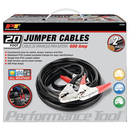 Performance Tool W1669 20' Commercial Duty 2-Gauge 800 PEAK AMP All Weather Jumper Cables for Tractors, Semis, Buses, and RVs