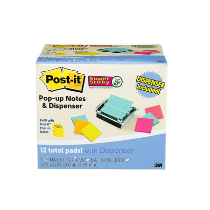 Post-it Sheet Super Sticky Note and Dispenser Value Pack, 3 in x 3 in, 12 Pads, Assorted Colors (DS330-SSVA)