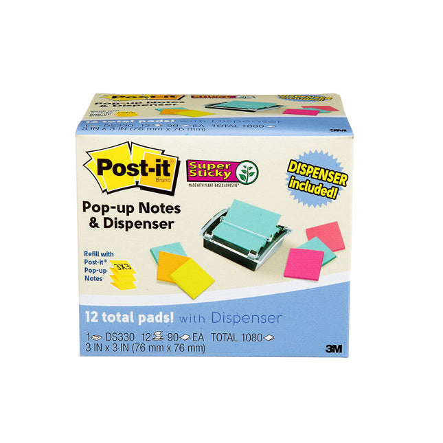 Post-it Lot économique de feuilles de notes super autocollantes et de dévidoirs, 76 mm x 76 mm, 12 blocs, couleurs assorties (DS330-SSVA)