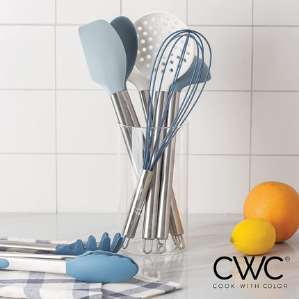 COOK WITH COLOR Silicone Cooking Utensils, 10 Pc Kitchen Utensil Set, Easy to Clean Silicone Kitchen Utensils, Cooking Utensils for Nonstick Cookware, Kitchen Gadgets Set (Blue and White)