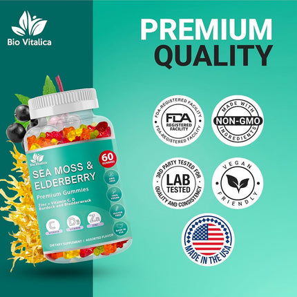 BIO VITALICA Irish Sea Moss Gummies with Elderberry – USA Made Vegan Gummies with Vitamin C, D & Zinc – Immune Support Supplement with Bladderwrack & Burdock Root for Adults & Kids – 2 Packs