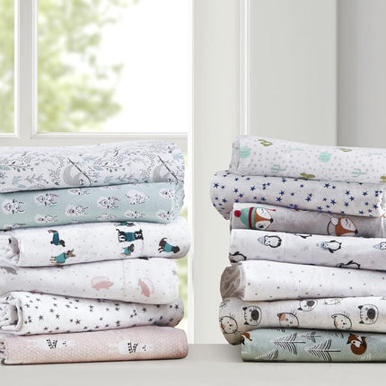 Intelligent Design Cozy Soft Juego de sábanas de franela 100% algodón con estampado de animales y estrellas, cálido, ultrasuave para clima frío, Queen, gatos gris/rosa, 4 piezas
