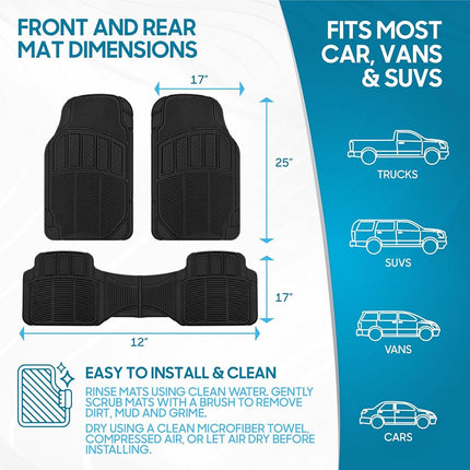 BDK 3-Piece ProLiner Heavy Duty Front & Rear Rubber Floor Mats, Universal Fit Liners for Cars SUVs T