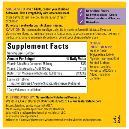 Nature Made Hair Growth Softgels, Clinically Studied Lustriva + Biotin, Vitamin C & A, Hair Growth Vitamins - Support Healthy Hair as You Age, 30 Softgels, 30 Day Supply