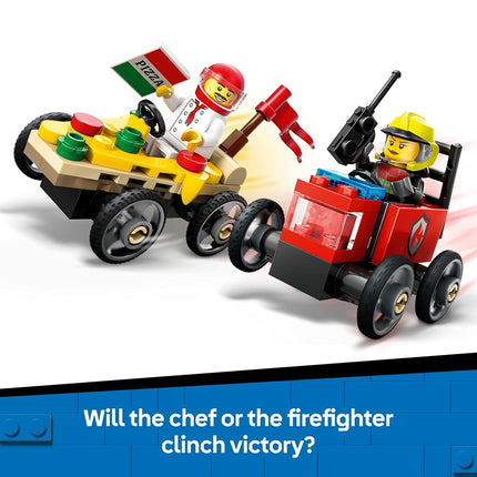 LEGO City Pizza vs. Fire Truck Race Car Pack Toy - Soapbox Car Toys for 5+ Year Old Boys & Girls - Fun Holiday or Birthday Gifts - Vehicle Set Includes 2 Minifigures - 60458