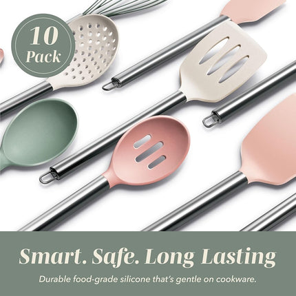 COOK WITH COLOR Silicone Cooking Utensils, 10 Pc Kitchen Utensil Set, Easy to Clean Silicone Kitchen Utensils, Cooking Utensils for Nonstick Cookware, Kitchen Gadgets Set (Mint)