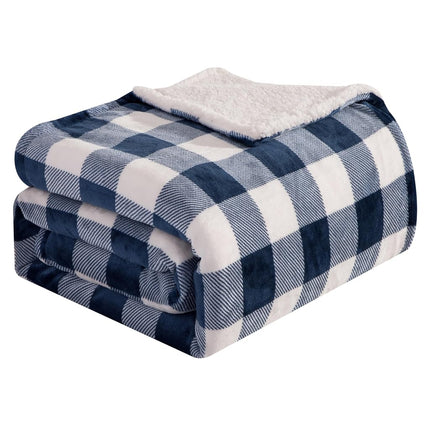 Elegant Comfort Ultra Soft Reversible Buffalo Plaid Flannel Sherpa Blanket - Cozy Silky Checkered Fleece Throw for Couch, Bed - Plush Fuzzy Warm Winter Blanket for Gift, Twin XL, Navy