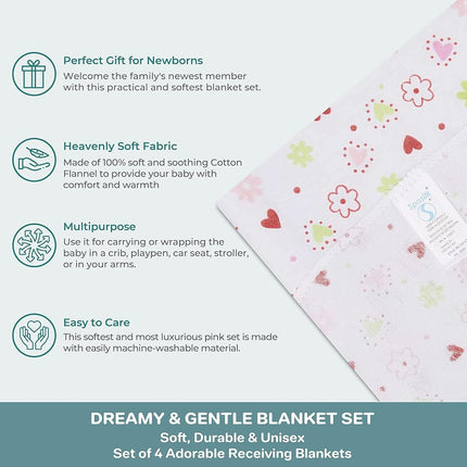 Spasilk Baby-Girls Newborn 4 Pack 100% Cotton Flannel Receiving Blanket, Pink, One Size