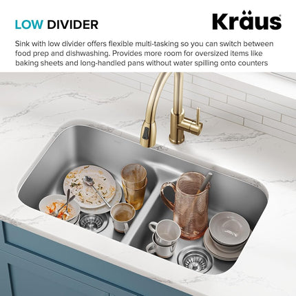 KRAUS KBU32 Premier 32-inch 16 Gauge Undermount 50/50 Double Bowl Kitchen Sink with Smart Low Divider