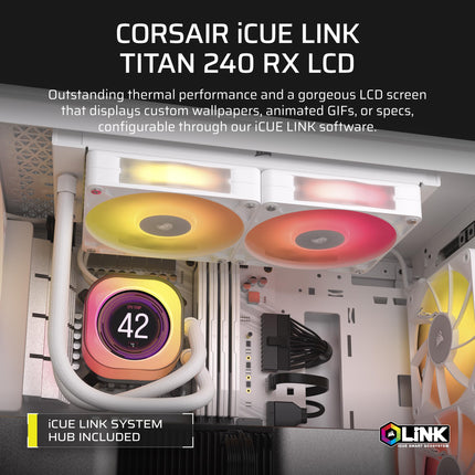 Corsair iCUE LINK TITAN 240 RX LCD Liquid CPU Cooler – 240mm AIO – Low-Noise – FlowDrive Cooling Engine – Intel LGA 1851/1700, AMD AM5/AM4 – 2x RX120 RGB Fans – iCUE LINK System Hub Included – White