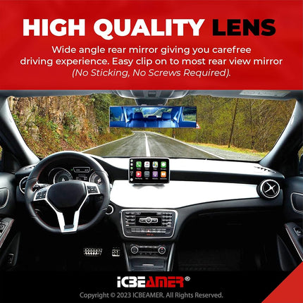 ICBEAMER 14.2" Car Rear View Mirror, HD Blue Tint, Panoramic Wide Angle Flat Surface, 2 Interior Retractable Rubber Clips, Anti Glare, Automotive Accessories Universal for Truck, Car, SUV, 1 Pack