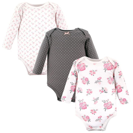 Hudson Baby Baby Girls Cotton Long-sleeve Bodysuits 3-pack, Basic Pink Gray Floral, 9-12 Months