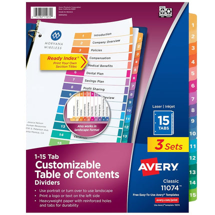 Avery 15 Tab Dividers for 3 Ring Binders, Customizable Table of Contents, Multicolor Tabs, 3 Sets (11074)