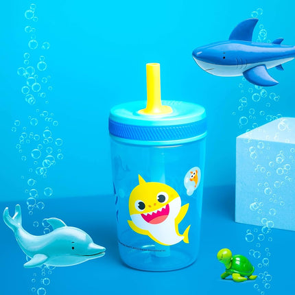 Zak Designs Baby Shark Kelso 15oz Leak-Proof Toddler Straw Cups, 2-Pack
