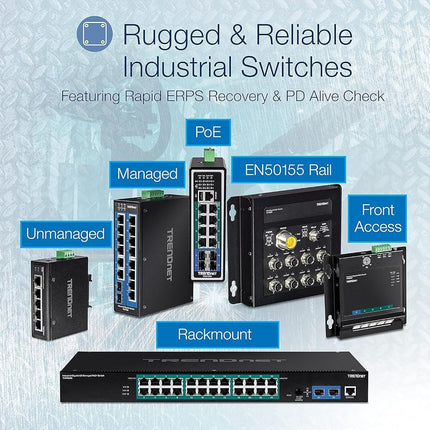 TRENDnet 8-Port Industrial Fast Ethernet PoE+ DIN-Rail Switch, TI-PE80, 8 x Fast Ethernet PoE+ Ports, IP30 Network Unmanaged Switch, 200W PoE Power Budget, 1.6 Gbps Switching Capacity