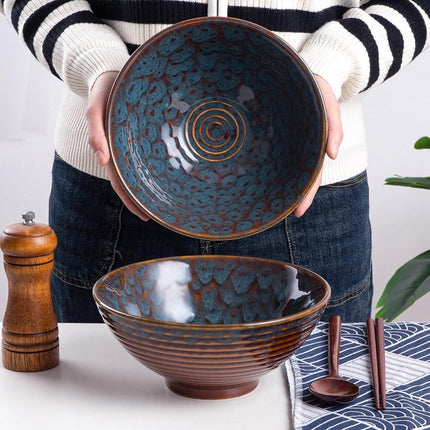 HOKELER Ceramic Japanese Ramen Bowl Set, 2 Sets Asian Pho Udon Soup Noodle Bowls with Spoons and Chopsticks (Peacock Green, 8 inches)