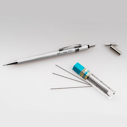 Pentel Sharp Mechanical Pencil (0.7mm) Metallic Silver Barrel, Box of 12 Pencils (P207Z)