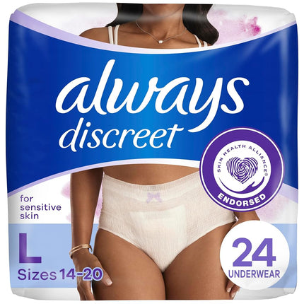 Always Discreet Sensitive, Culottes d'incontinence et de maternité pour femmes, Protection maximale Plus, Taille L, 24 unités
