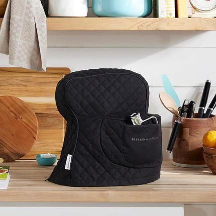 KITCHENAID Fitted Tilt-Head Solid Stand Mixer Cover with Storage Pocket, Quilted 100% Cotton, Matte Black, 14.4"x18"x10", NEW AND IMPROVED FIT