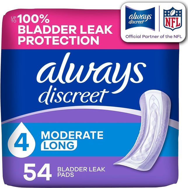 Always Discreet, Incontinence & Postpartum Pads for Women, Size 4, Moderate Absorbency, Long Length, 54 Count