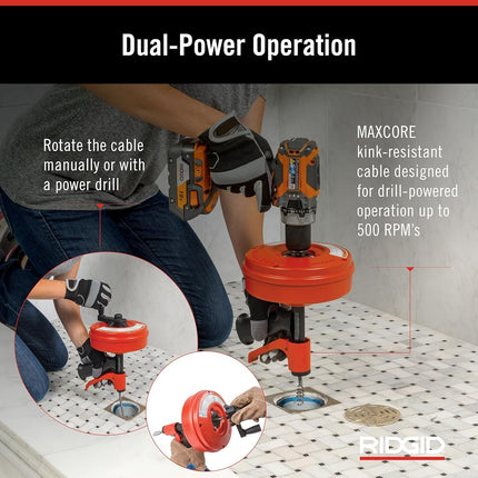 RIDGID 57043 Power Spin avec AUTOFEED, câble de nettoyage de drains Maxcore et tarière de drainage à bulbe pour enlever les bouchons