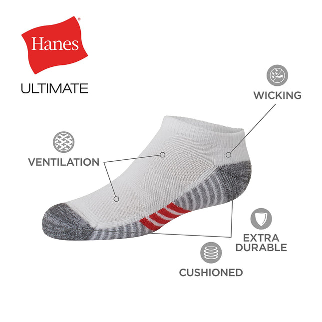 Hanes Ultimate boys No Show, 10-pack fashion liner socks, White, Medium US, No Show - White/Grey Bottom - 10 Pack, Medium