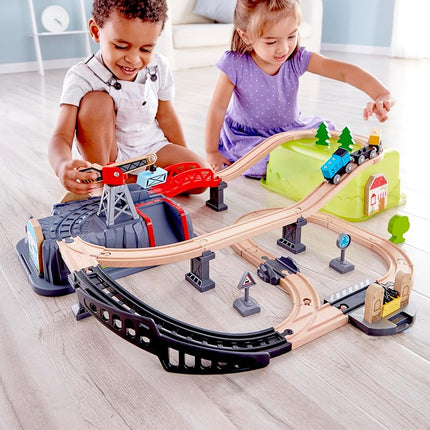 Sustainable Wood Toy Train, Hape Railway Bucket 50-piece Builder Set With Railway Tracks, 1 Railwayman, 1 Signal Box, 1 Truck, 1 Crane. 3 years +