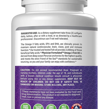 Huile de Poisson Omega 3 3000mg par Portion – 915mg Epa, 630mg Dha, 2000mg Oméga 3 6 9 Total XL – 180 Capsules, Formule Mise au Point par des Médecins