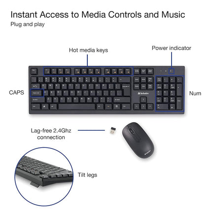 Verbatim Slimline Wireless Keyboard and Mouse Combo 2.4GHz USB Plug-and-Play Numeric Keypad Adjustable Tilt Legs Optical Wireless Mouse Full-Size Computer Keyboard Compatible with PC, Laptop 70741