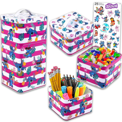 Disney Lilo & Stitch Pink Stack Store And Carry Stackable Tin Box Set - Bundle of Disney 3 Stack Food Storage Containers and Stickers | Stitch Canisters for Storage