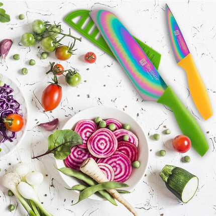 Hampton Forge HMC01E550S Tomodachi - Rainbow Titanium 10 Piece Kitchen Knife Set/Cutlery Set – Non-Stick Titanium Plated Blades with Matching Color Handles and Blade Covers – Fashion Multicolor