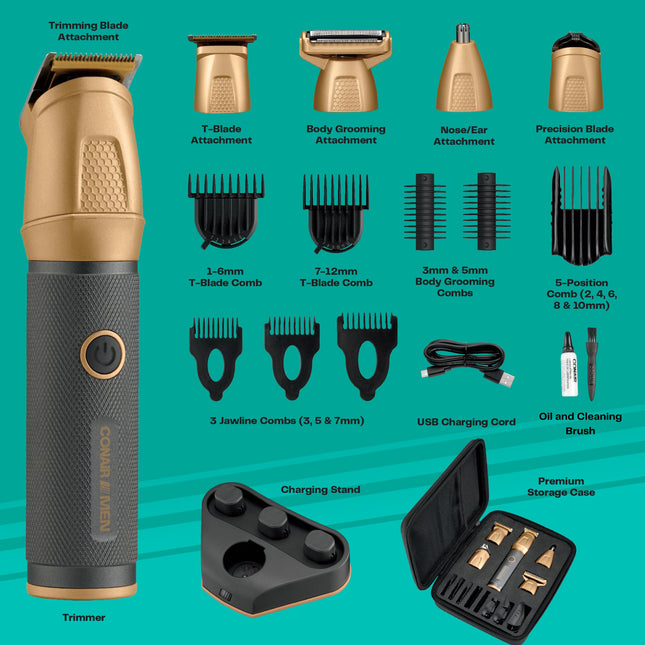 Conair Men Tondeuse multi-usage homme - Nez, Barbe, Moustache, Corps - Kit de toilettage homme 19 pièces pour l'épilation masculine - Étanche - Rechargeable