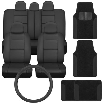 PU Leather Car Seat Covers w/Two-Tone Carpet/Vinyl Trim Car Floor Mats – Front and Back Split Bench Seat Covers, Steering Wheel Cover, Floor Mats for Cars Trucks Vans and SUVs (Black)