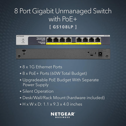 NETGEAR 8-Port Gigabit Ethernet Unmanaged PoE Switch (GS108LP) - with 8 x PoE+ @ 60W Upgradeable, Desktop, Wall Mount or Rackmount, and Limited Lifetime Protection