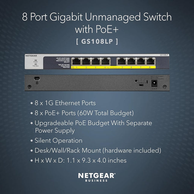 NETGEAR 8-Port Gigabit Ethernet Unmanaged PoE Switch (GS108LP) - with 8 x PoE+ @ 60W Upgradeable, Desktop, Wall Mount or Rackmount, and Limited Lifetime Protection