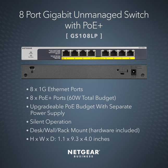 Conmutador PoE no administrado Gigabit Ethernet de 8 puertos NETGEAR (GS108LP) - con 8 PoE+ a 60 W actualizable, de escritorio, montaje en pared o en rack, y protección limitada de por vida