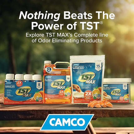 Camco TST MAX Camper/RV Toilet Treatment Drop-INs - Control Unwanted Odors & Break Down Waste and Tissue - Safe Septic Tank Treatment - Orange Scent, 30-Pack (41183)