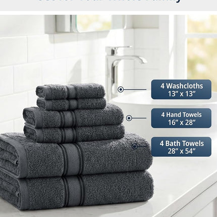 Luxury Bath Towels Set - 12 Piece Set, 100% Cotton Bathroom Towels, Zero Twist, Shower Towels, Absorbent Bath Towel, Super Soft, 4 Bath Towels, 4 Hand Towels, 4 Wash Cloths - Cool Grey