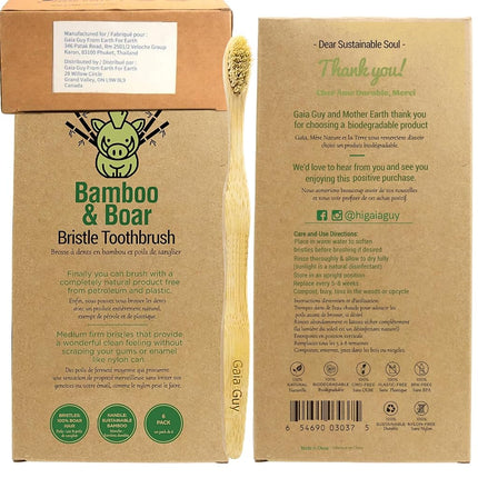 Natural Bristle Bamboo Toothbrush with Boar Bristles - Totally Biodegradable and Compostable - No Nylon Toothbrushes - Zero Waste 12-Pack