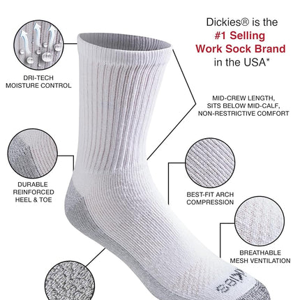 Dickies Men's Dri-tech Moisture Control Mid-Crew Socks, Available in M-XL (6, 12, Comfort Length White (6 Pairs), X-Large (Pack of 6)