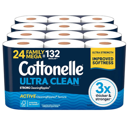 Papier toilette Cottonelle Ultra Clean avec texture Active CleaningRipples, 24 rouleaux géants familiaux (24 rouleaux géants familiaux = 132 rouleaux réguliers) (4 paquets de 6), 353 feuilles par rouleau, l'emballage peut varier, blanc