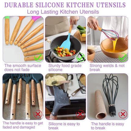 Umite Chef Silicone Cooking Utensils Set, 24 pcs Non-stick Spatula Set with Holder, Wood Handle Heat Resistant Silicone Kitchen Gadgets (Colorful)